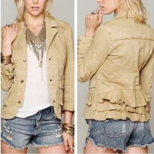 Free People Distressed Ruffle Back Twill Military Jacket in Beige Tan